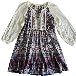 Vintage America Women Boho Floral Paisley Split Neck Embroidered Peasant Top M